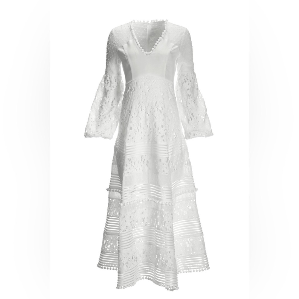 Boston Proper Long Sleeve Lace Pom Pom Dress White medium NWT - Picture 2 of 9